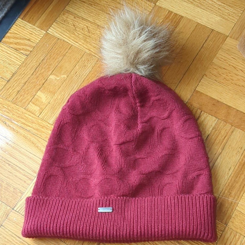 Coach Red Winter Logo Hat with Pom Pom